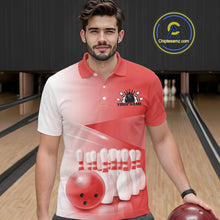 Load image into Gallery viewer, Front view of a male model at a bowling lane wearing a polo shirt with bowling ball and pins in a pink gradient layout.