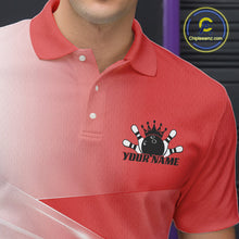 Load image into Gallery viewer, Left chest close up of a bowling polo shirt featuring bowling ball and pins graphics within a pink gradient layout.