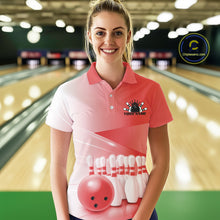 Load image into Gallery viewer, Front view of a female model in a bowling lane wearing a polo shirt with bowling ball and pins arranged across a pink gradient design.