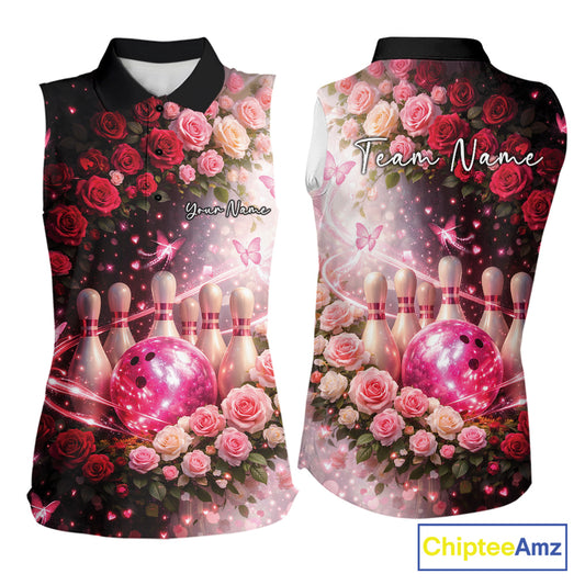 Custom Dreamy Pink Roses And Butterfly Women Bowling Sleeveless Polo Shirt, Ladies Bowling Shirt IPHW10896