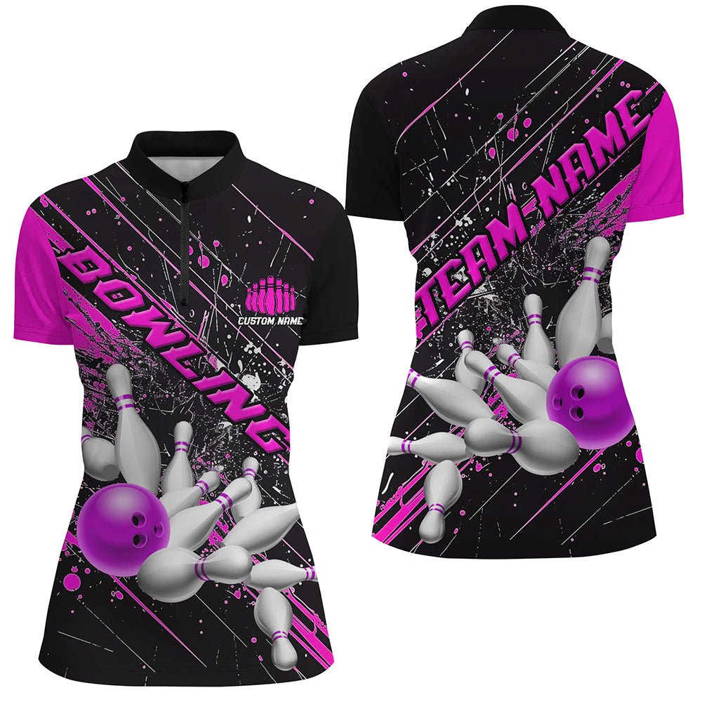 Pink Purple Strike Bowling Custom Team Shirts For Women, Bowling League Outfits For Bowler IPHW6337