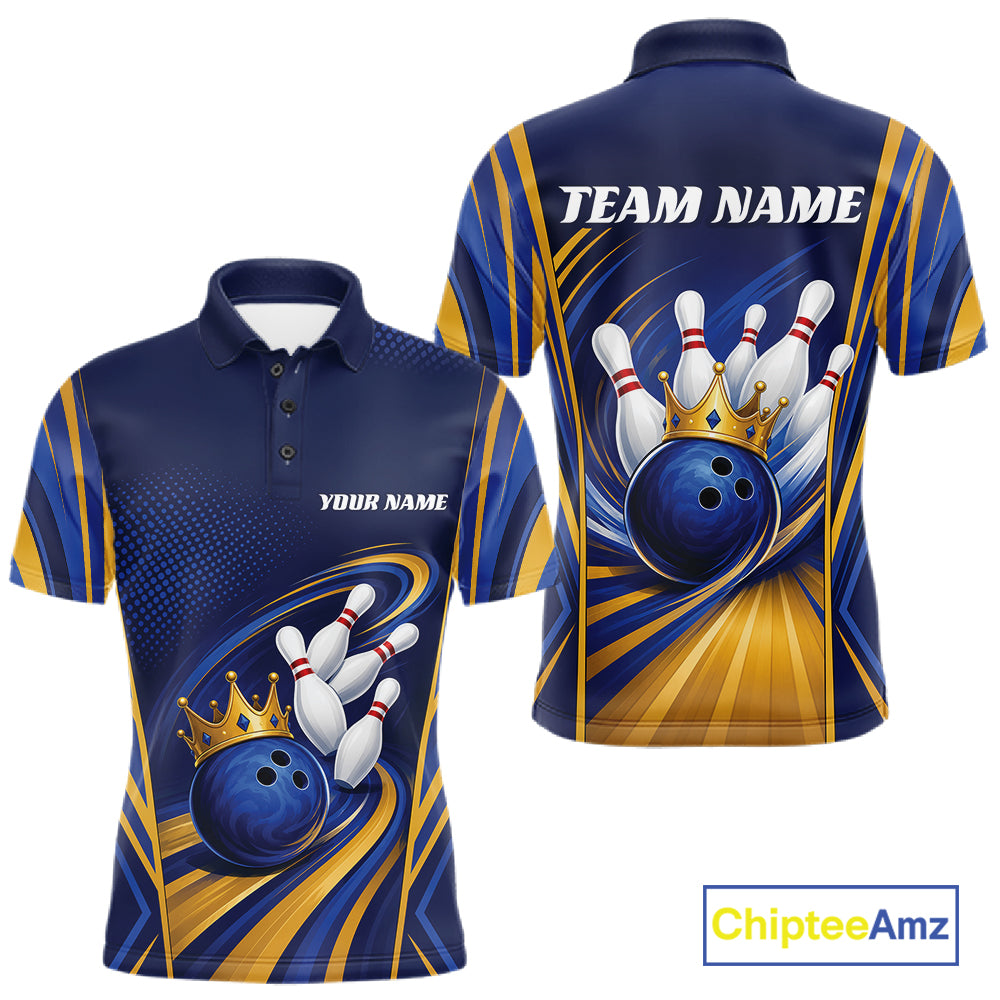 Custom Blue And Gold King Crown Bowling Team Men Polo Shirt, Bowling League Shirt IPHW11823