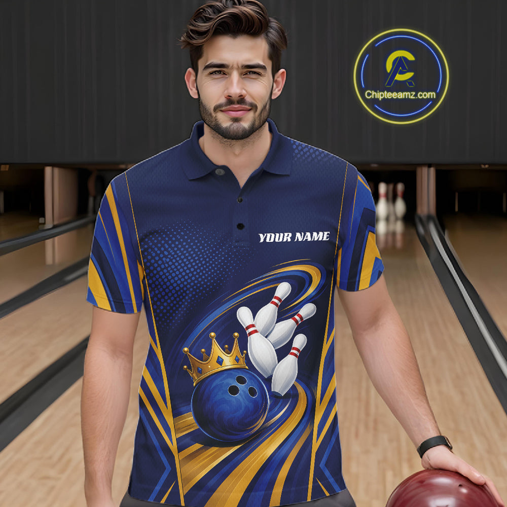 Custom Blue And Gold King Crown Bowling Team Men Polo Shirt, Bowling League Shirt IPHW11823