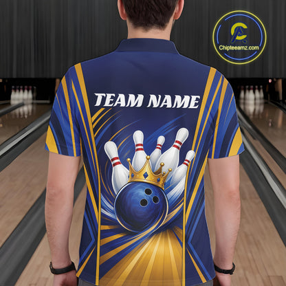Custom Blue And Gold King Crown Bowling Team Men Polo Shirt, Bowling League Shirt IPHW11823