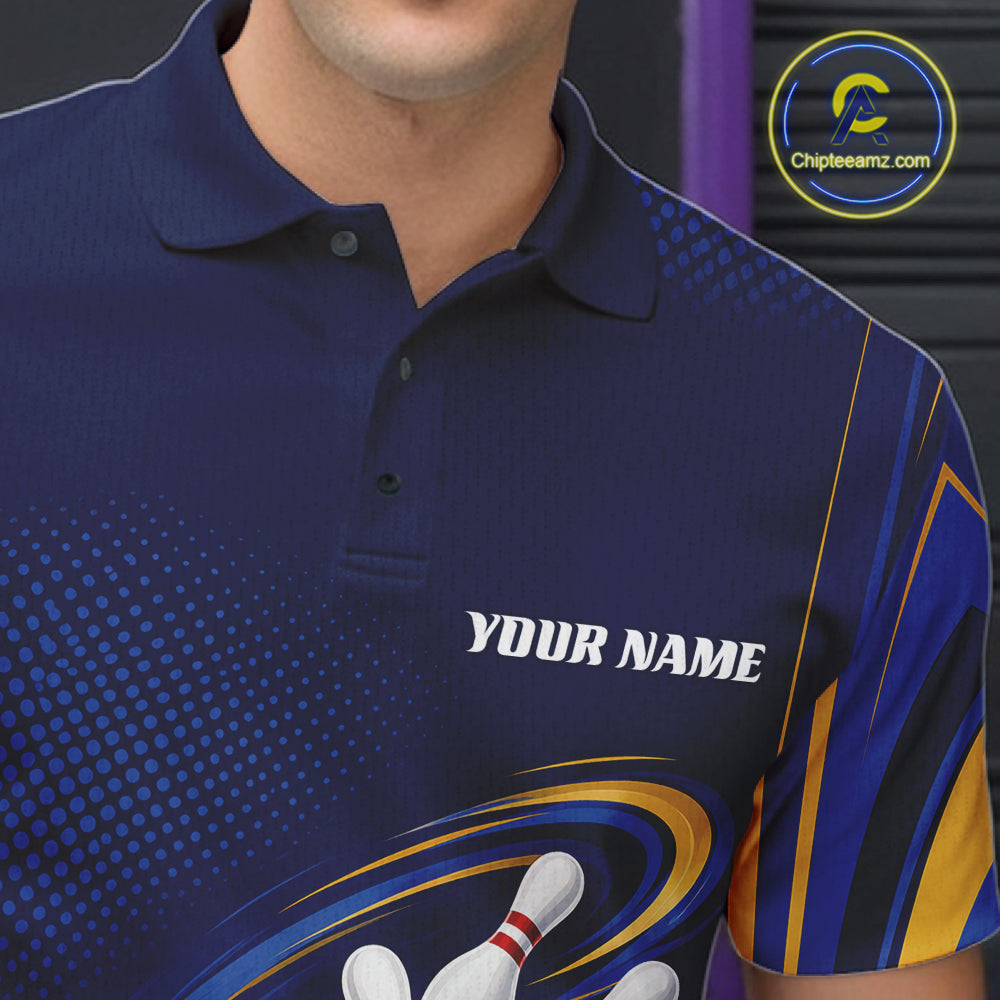 Custom Blue And Gold King Crown Bowling Team Men Polo Shirt, Bowling League Shirt IPHW11823