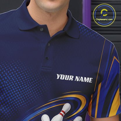 Custom Blue And Gold King Crown Bowling Team Men Polo Shirt, Bowling League Shirt IPHW11823