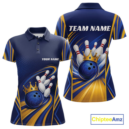 Custom Blue And Gold Queen Crown Bowling Team Women Polo Shirt, Bowling League Shirt IPHW11823