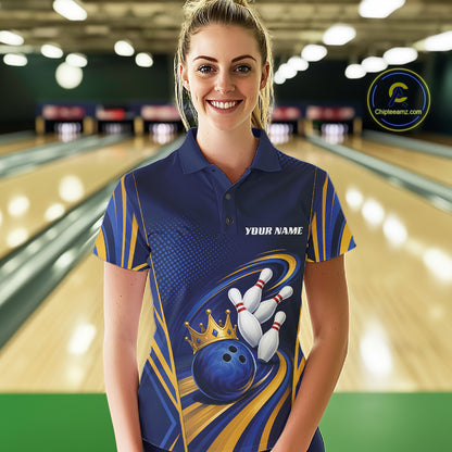 Custom Blue And Gold Queen Crown Bowling Team Women Polo Shirt, Bowling League Shirt IPHW11823