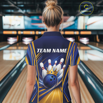 Custom Blue And Gold Queen Crown Bowling Team Women Polo Shirt, Bowling League Shirt IPHW11823