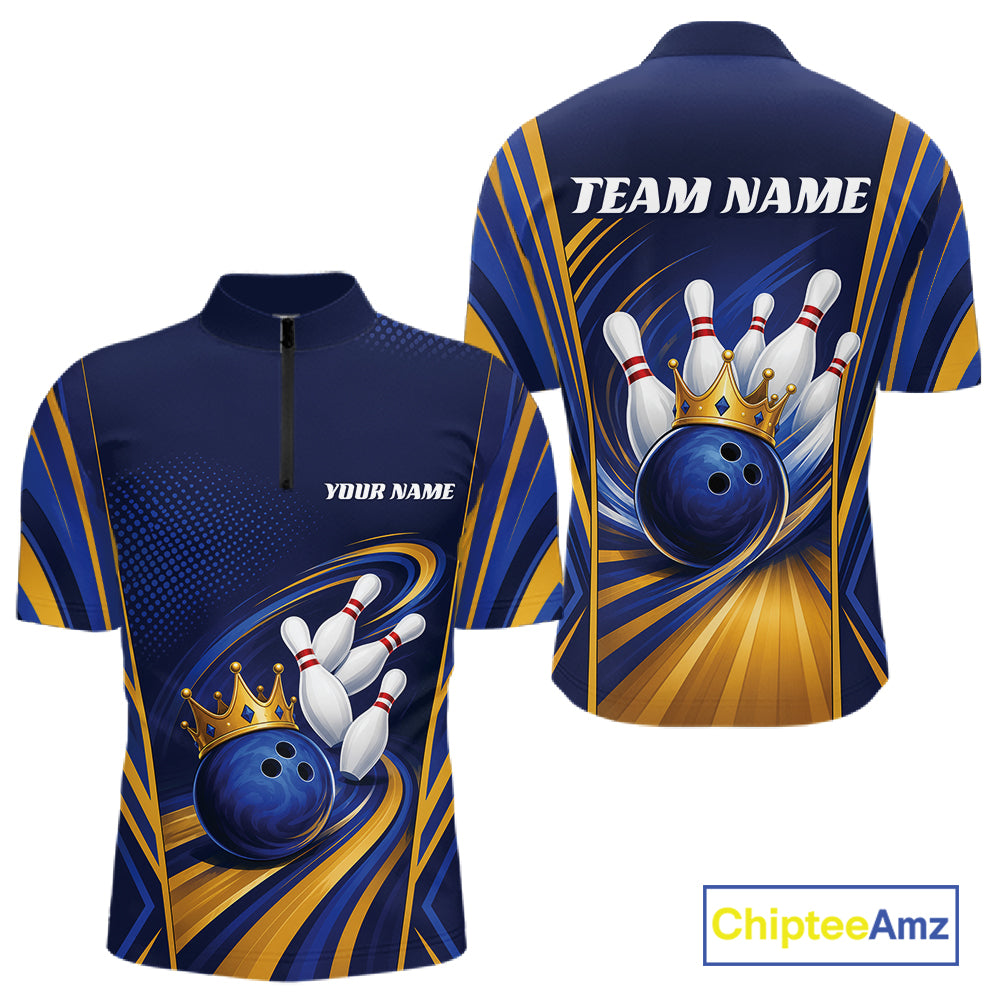 Custom Blue And Gold King Crown Bowling Team Men Quarter Zip Shirt, Bowling League Shirt IPHW11823