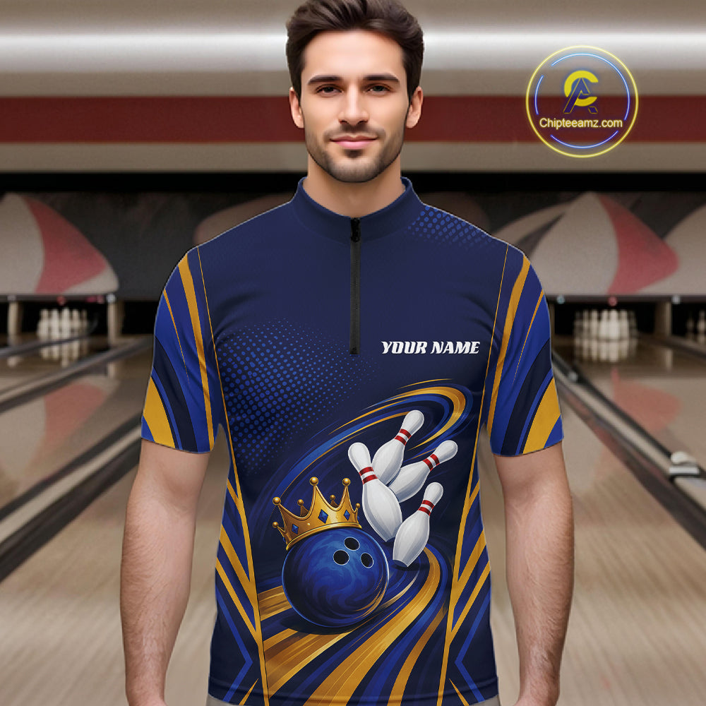 Custom Blue And Gold King Crown Bowling Team Men Quarter Zip Shirt, Bowling League Shirt IPHW11823