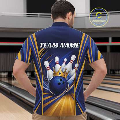 Custom Blue And Gold King Crown Bowling Team Men Quarter Zip Shirt, Bowling League Shirt IPHW11823