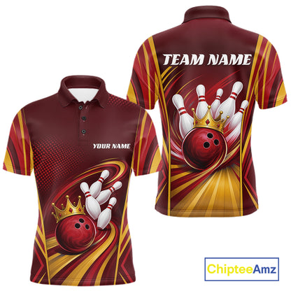 Custom Red And Gold King Crown Bowling Team Men Polo Shirt, Bowling League Shirt IPHW11824