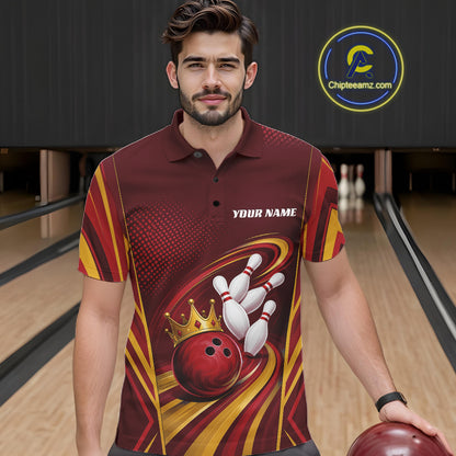 Custom Red And Gold King Crown Bowling Team Men Polo Shirt, Bowling League Shirt IPHW11824
