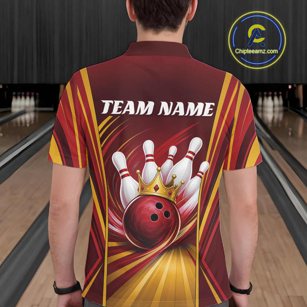 Custom Red And Gold King Crown Bowling Team Men Polo Shirt, Bowling League Shirt IPHW11824