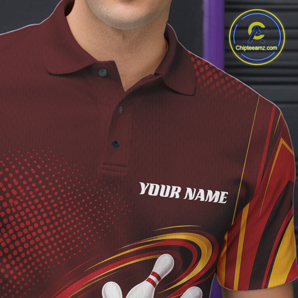 Custom Red And Gold King Crown Bowling Team Men Polo Shirt, Bowling League Shirt IPHW11824