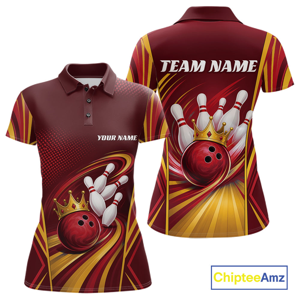 Custom Red And Gold Queen Crown Bowling Team Women Polo Shirt, Bowling League Shirt IPHW11824