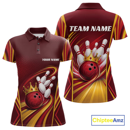 Custom Red And Gold Queen Crown Bowling Team Women Polo Shirt, Bowling League Shirt IPHW11824
