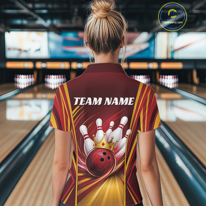 Custom Red And Gold Queen Crown Bowling Team Women Polo Shirt, Bowling League Shirt IPHW11824