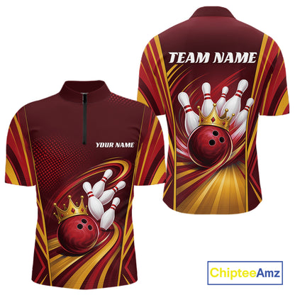 Custom Red And Gold King Crown Bowling Team Men Quarter Zip Shirt, Bowling League Shirt IPHW11824