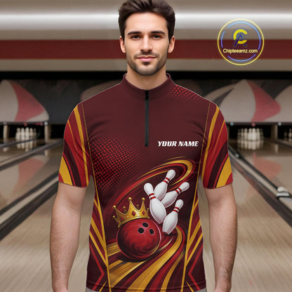 Custom Red And Gold King Crown Bowling Team Men Quarter Zip Shirt, Bowling League Shirt IPHW11824