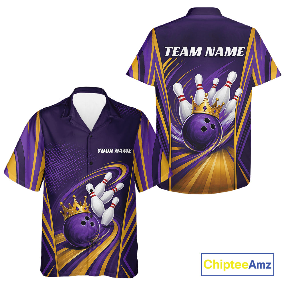 Custom Purple And Gold King Crown Bowling Team Men And Women Button Up Shirt, Bowling League Shirt IPHW11825
