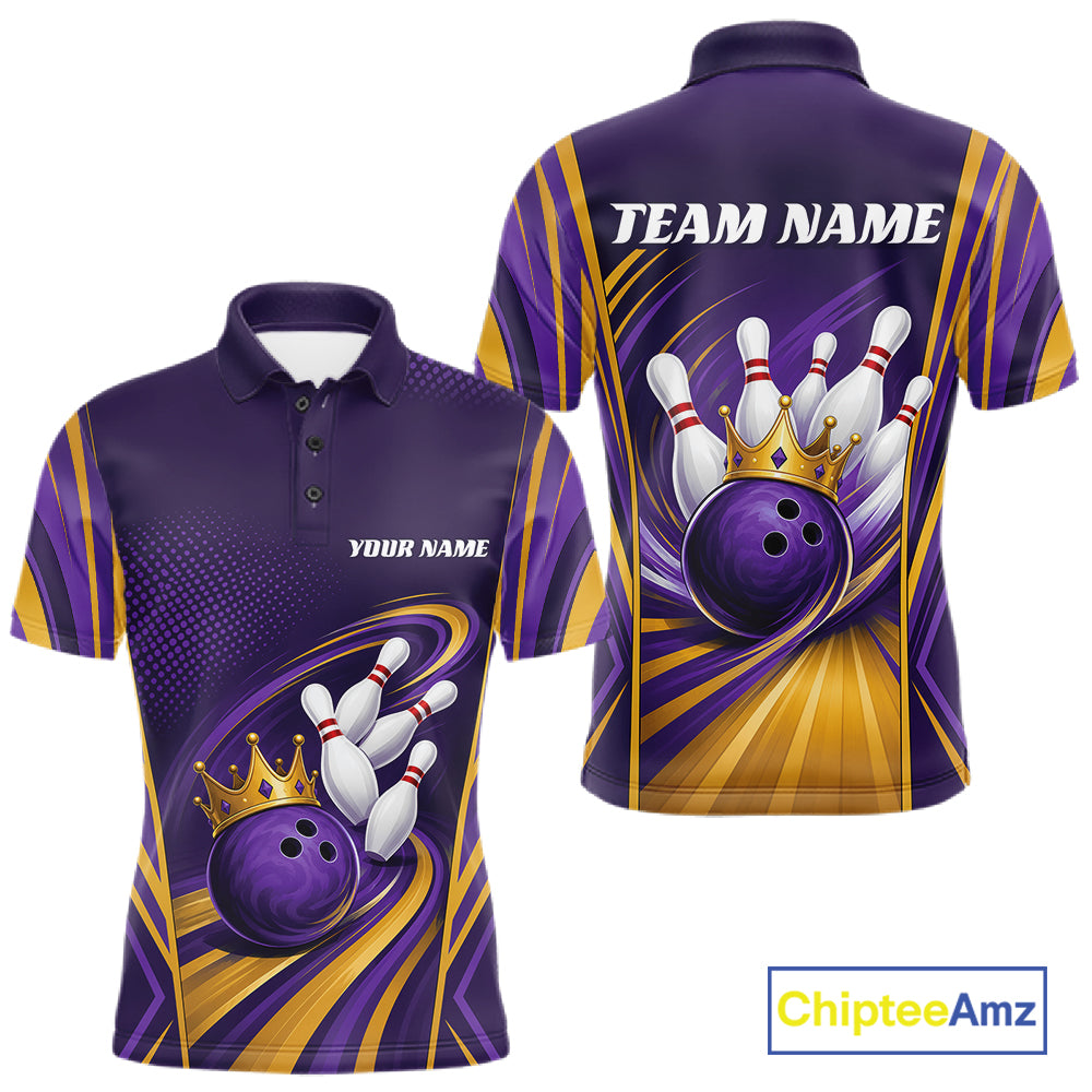 Custom Purple And Gold King Crown Bowling Team Men Polo Shirt, Bowling League Shirt IPHW11825