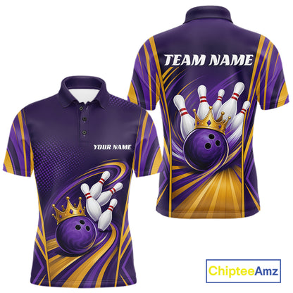 Custom Purple And Gold King Crown Bowling Team Men Polo Shirt, Bowling League Shirt IPHW11825