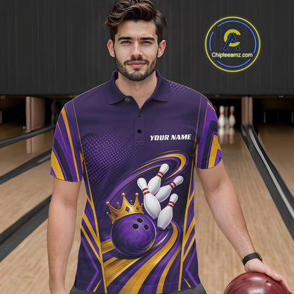 Custom Purple And Gold King Crown Bowling Team Men Polo Shirt, Bowling League Shirt IPHW11825