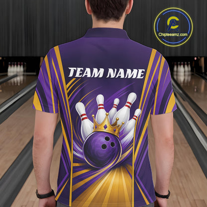 Custom Purple And Gold King Crown Bowling Team Men Polo Shirt, Bowling League Shirt IPHW11825