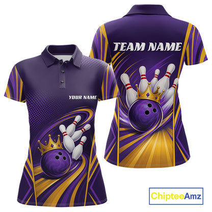 Custom Purple And Gold Queen Crown Bowling Team Women Polo Shirt, Bowling League Shirt IPHW11825