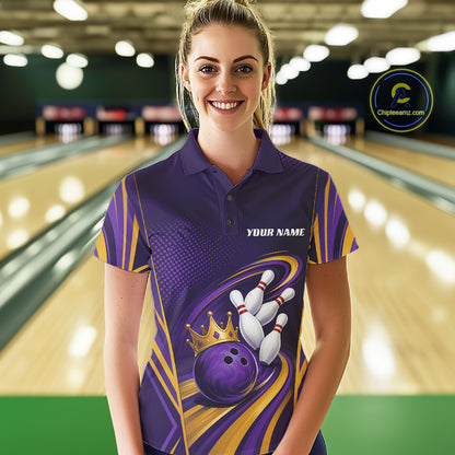 Custom Purple And Gold Queen Crown Bowling Team Women Polo Shirt, Bowling League Shirt IPHW11825