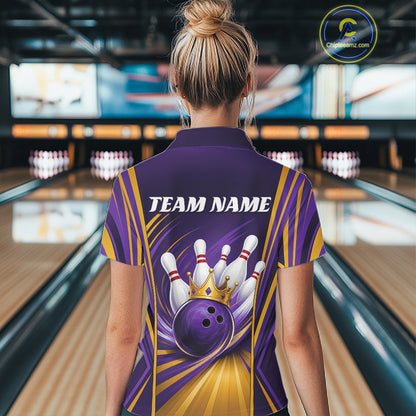 Custom Purple And Gold Queen Crown Bowling Team Women Polo Shirt, Bowling League Shirt IPHW11825
