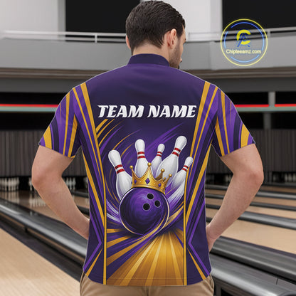 Custom Purple And Gold King Crown Bowling Team Men Quarter Zip Shirt, Bowling League Shirt IPHW11825
