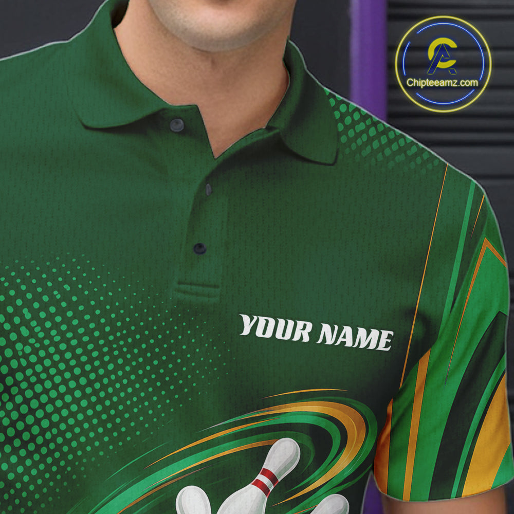 Custom Green And Gold King Crown Bowling Team Men Polo Shirt, Bowling League Shirt IPHW11826