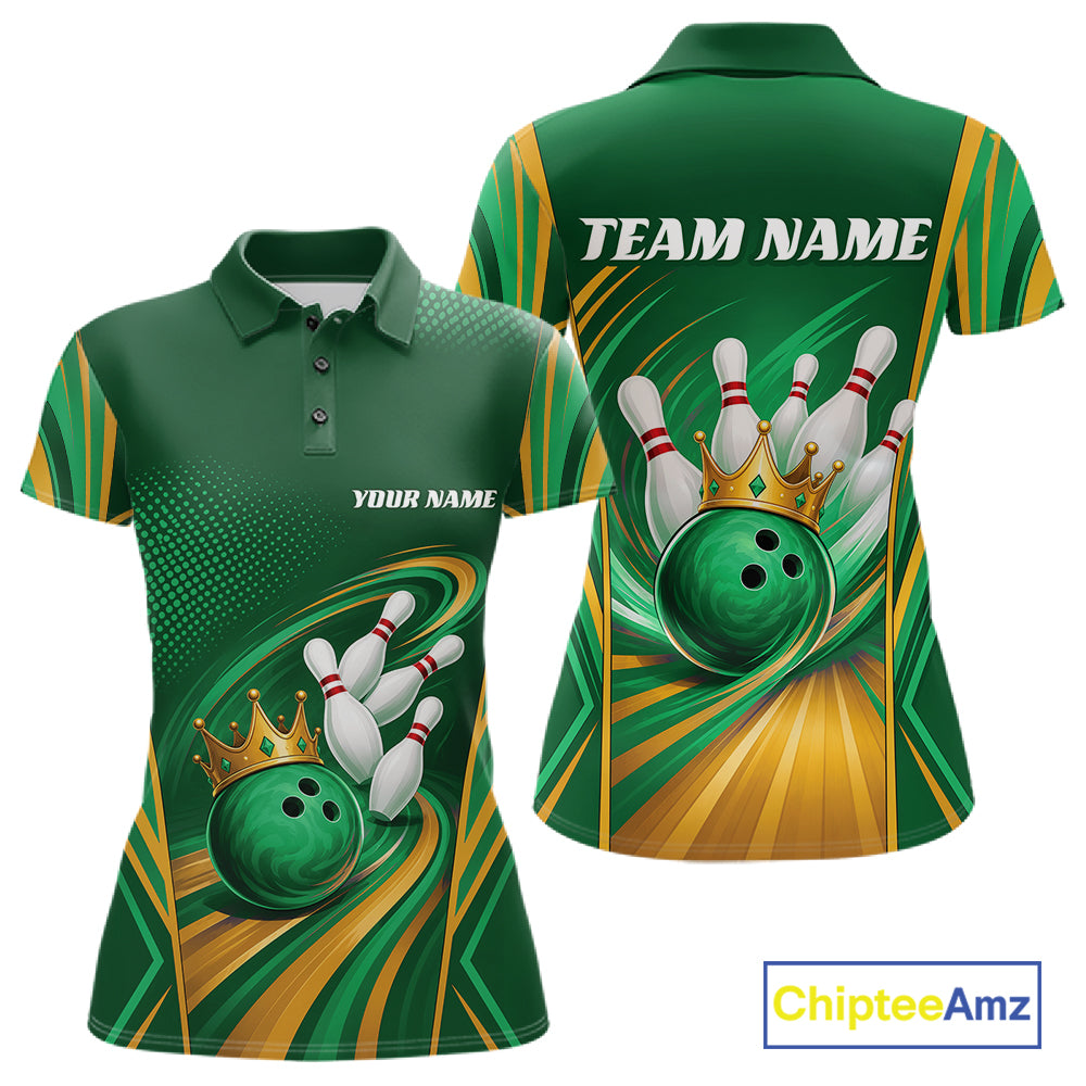 Custom Green And Gold Queen Crown Bowling Team Women Polo Shirt, Bowling League Shirt IPHW11826