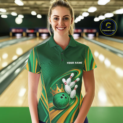 Custom Green And Gold Queen Crown Bowling Team Women Polo Shirt, Bowling League Shirt IPHW11826
