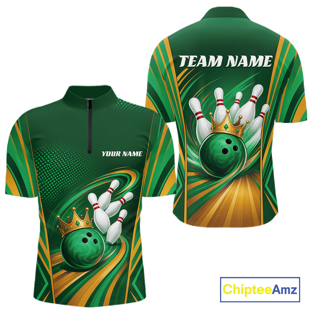 Custom Green And Gold King Crown Bowling Team Men Quarter Zip Shirt, Bowling League Shirt IPHW11826