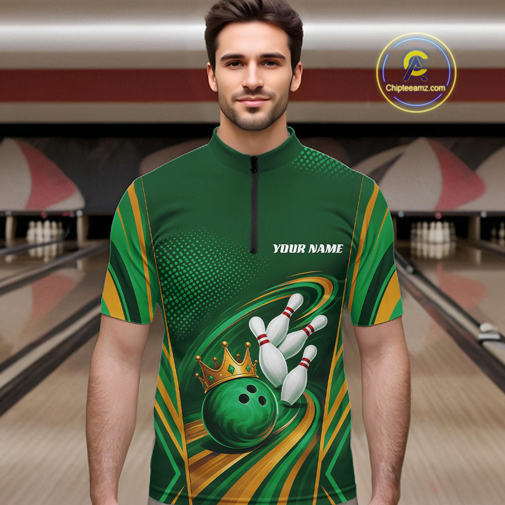 Custom Green And Gold King Crown Bowling Team Men Quarter Zip Shirt, Bowling League Shirt IPHW11826