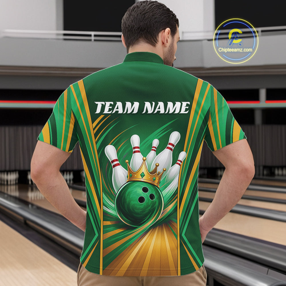 Custom Green And Gold King Crown Bowling Team Men Quarter Zip Shirt, Bowling League Shirt IPHW11826