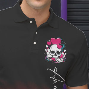 Custom Black And Pink Skull Valentines Day Couple Bowling Polo Shirts For Men IPHW8341