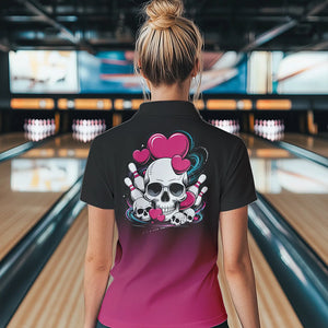 Custom Black And Pink Skull Valentines Day Couple Bowling Polo Shirts For Women IPHW8341