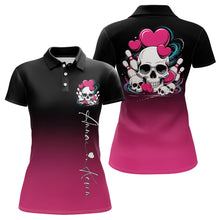 Load image into Gallery viewer, Custom Black And Pink Skull Valentines Day Couple Bowling Polo Shirts For Women IPHW8341