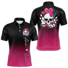 Load image into Gallery viewer, Custom Black And Pink Skull Valentines Day Couple Bowling Polo Shirts For Men IPHW8341