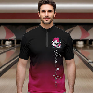 Custom Black And Pink Skull Valentines Day Couple Bowling Quarter-Zip Shirts For Men IPHW8341