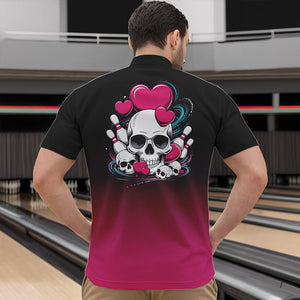 Custom Black And Pink Skull Valentines Day Couple Bowling Quarter-Zip Shirts For Men IPHW8341