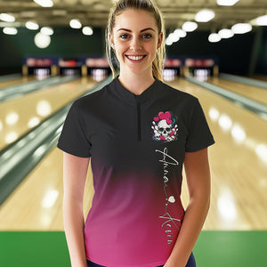 Custom Black And Pink Skull Valentines Day Couple Bowling Quarter-Zip Shirts For Women IPHW8341