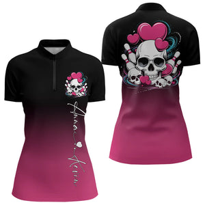 Custom Black And Pink Skull Valentines Day Couple Bowling Quarter-Zip Shirts For Women IPHW8341