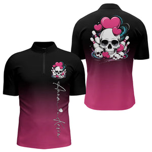 Custom Black And Pink Skull Valentines Day Couple Bowling Quarter-Zip Shirts For Men IPHW8341