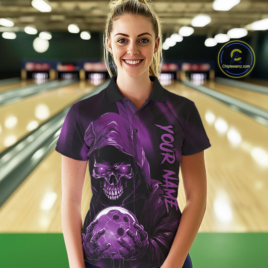 Purple Bowling Grim Reaper Custom Women Bowling Polo Shirts Skull Bowling Team Jerseys IPHW10699
